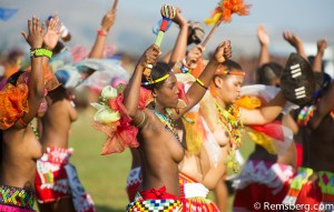 Ludzidzini, Swaziland, Africa - Umhlanga, reed dance ceremony Maidens dance before King Mswati III on day 7 of the ceremony