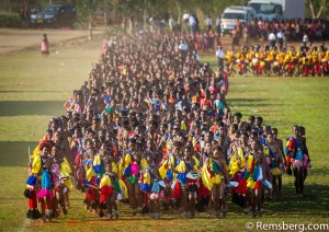 Ludzidzini, Swaziland, Africa - Umhlanga, reed dance ceremony Maidens dance before King Mswati III on day 7 of the ceremony