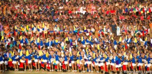 Ludzidzini, Swaziland, Africa - Umhlanga, reed dance ceremony Maidens dance before King Mswati III on day 7 of the ceremony