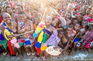 Ludzidzini, Swaziland, Africa - Umhlanga, reed dance ceremony Maidens dance before King Mswati III on day 7 of the ceremony